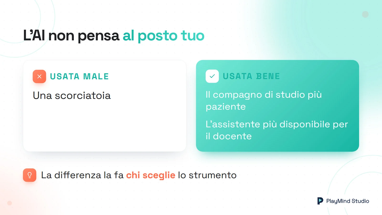 Confronto in due colonne. Usata male: l'AI è una scorciatoia. Usata bene: il compagno di studio più paziente e l'assistente più disponibile per il docente. Sotto: la differenza la fa chi sceglie lo strumento.