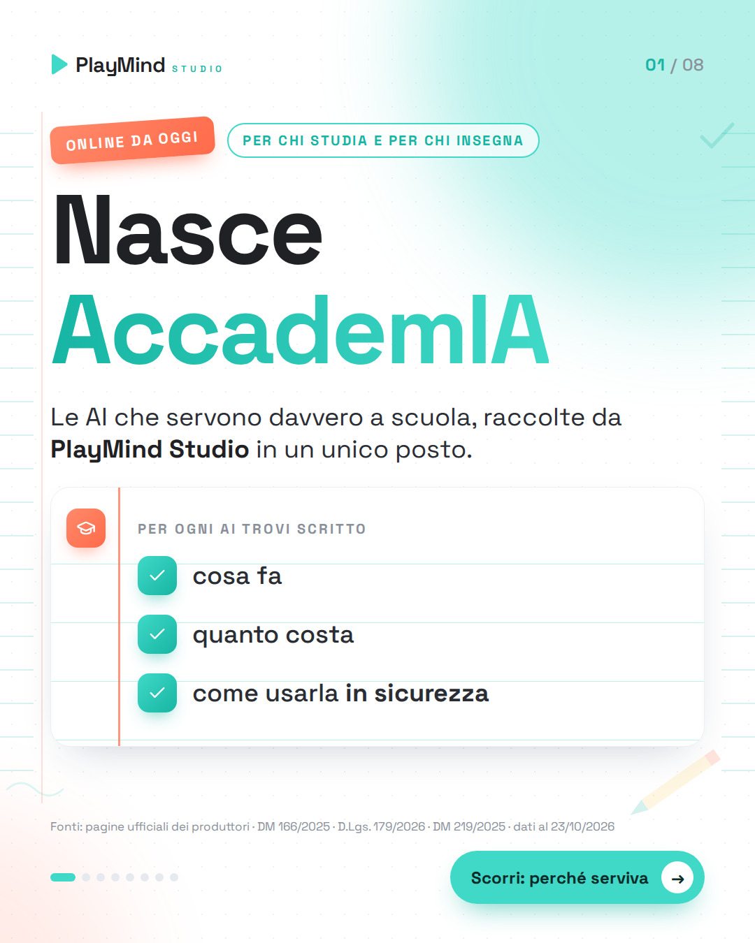 Copertina: timbro «Online da oggi» e titolo grande «Nasce AccademIA». Sotto, un foglio di quaderno con tre spunte: cosa fa ogni AI, quanto costa, come usarla in sicurezza.