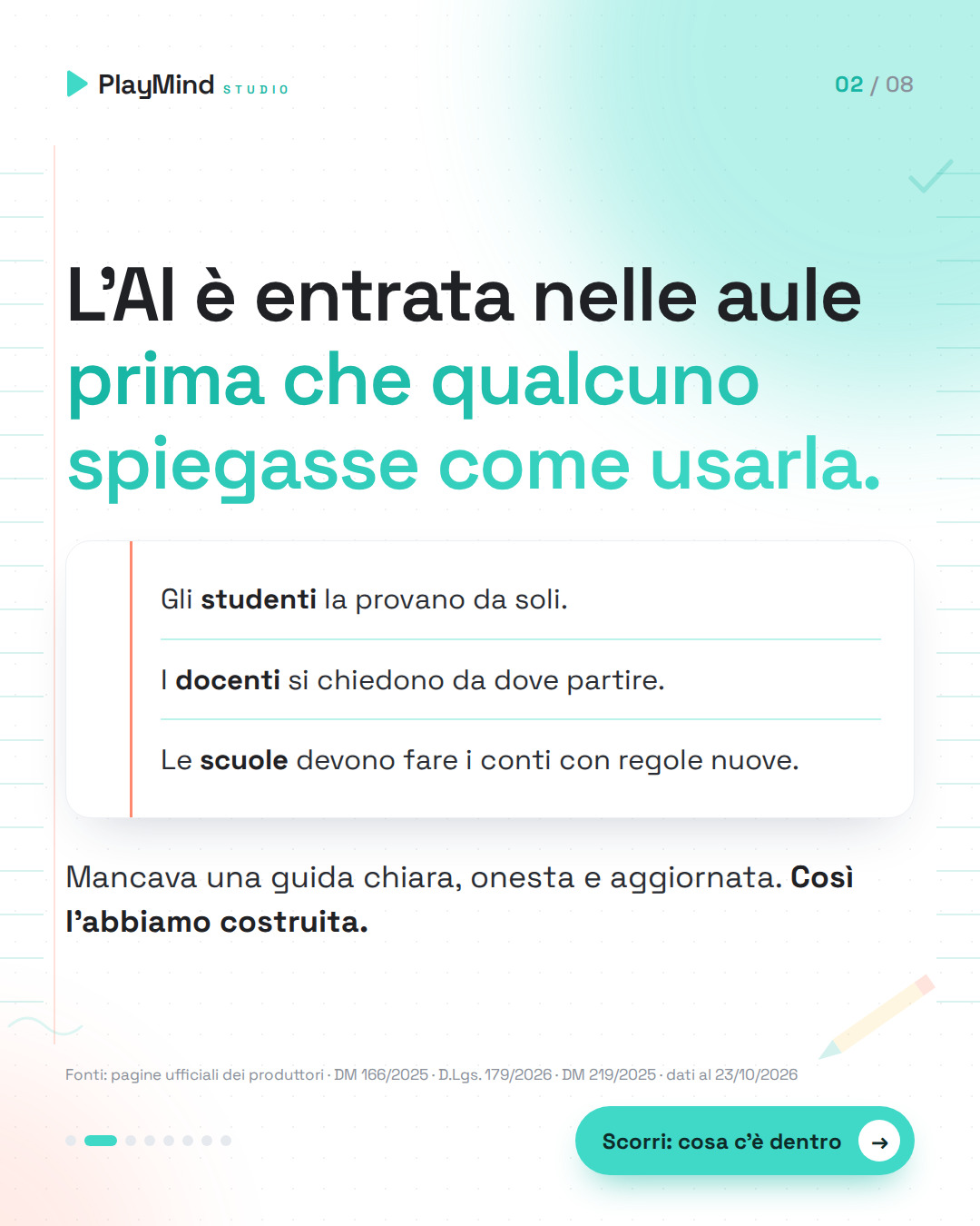 Frase grande: l’AI è entrata nelle aule prima che qualcuno spiegasse come usarla. Sotto, un foglio a righe: studenti soli, docenti incerti, scuole alle prese con regole nuove.