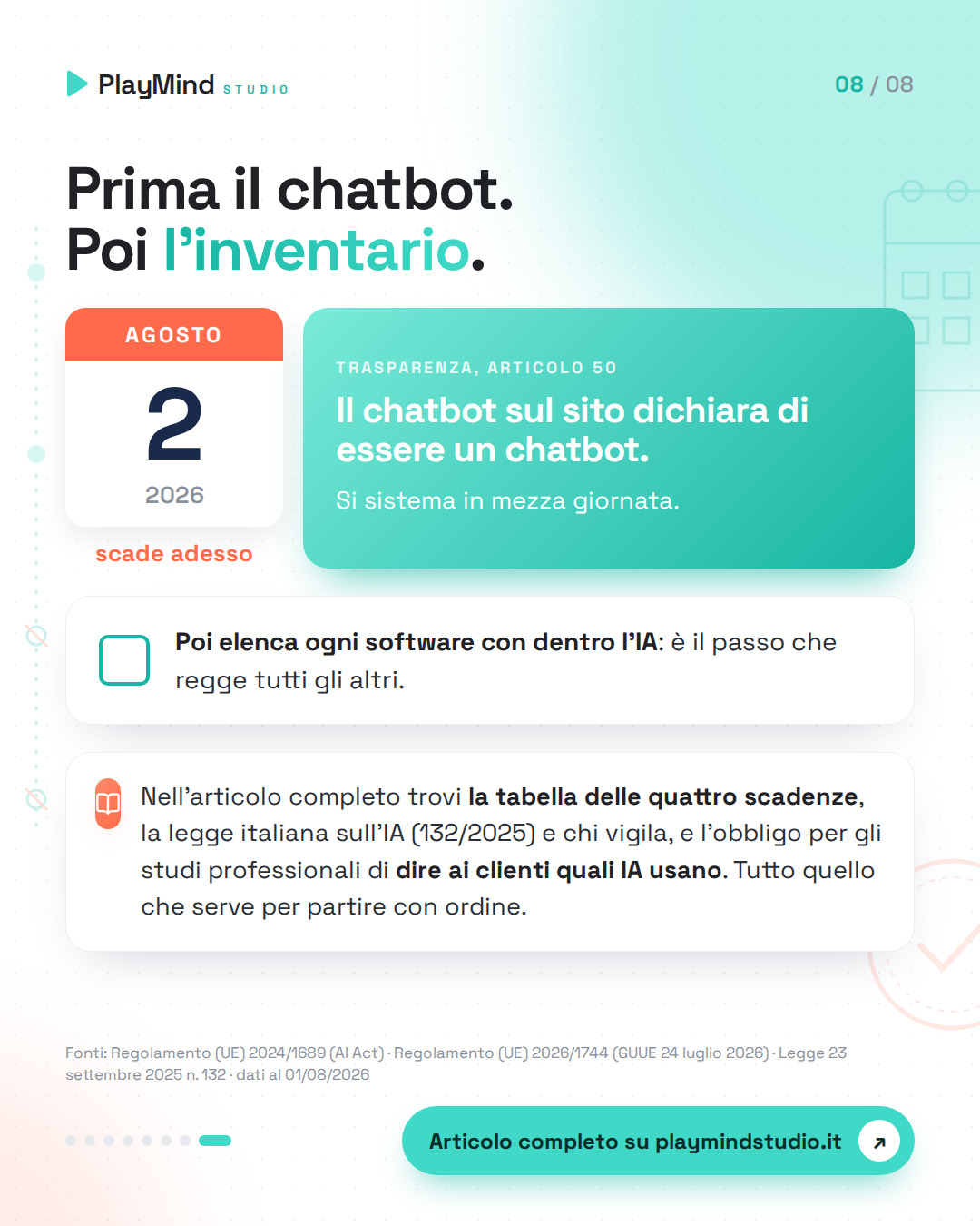 Verdetto: foglio di calendario del 2 agosto 2026 con la scritta scade adesso, il chatbot da dichiarare, poi l'inventario dei software con IA e cosa c'è in più nell'articolo completo.